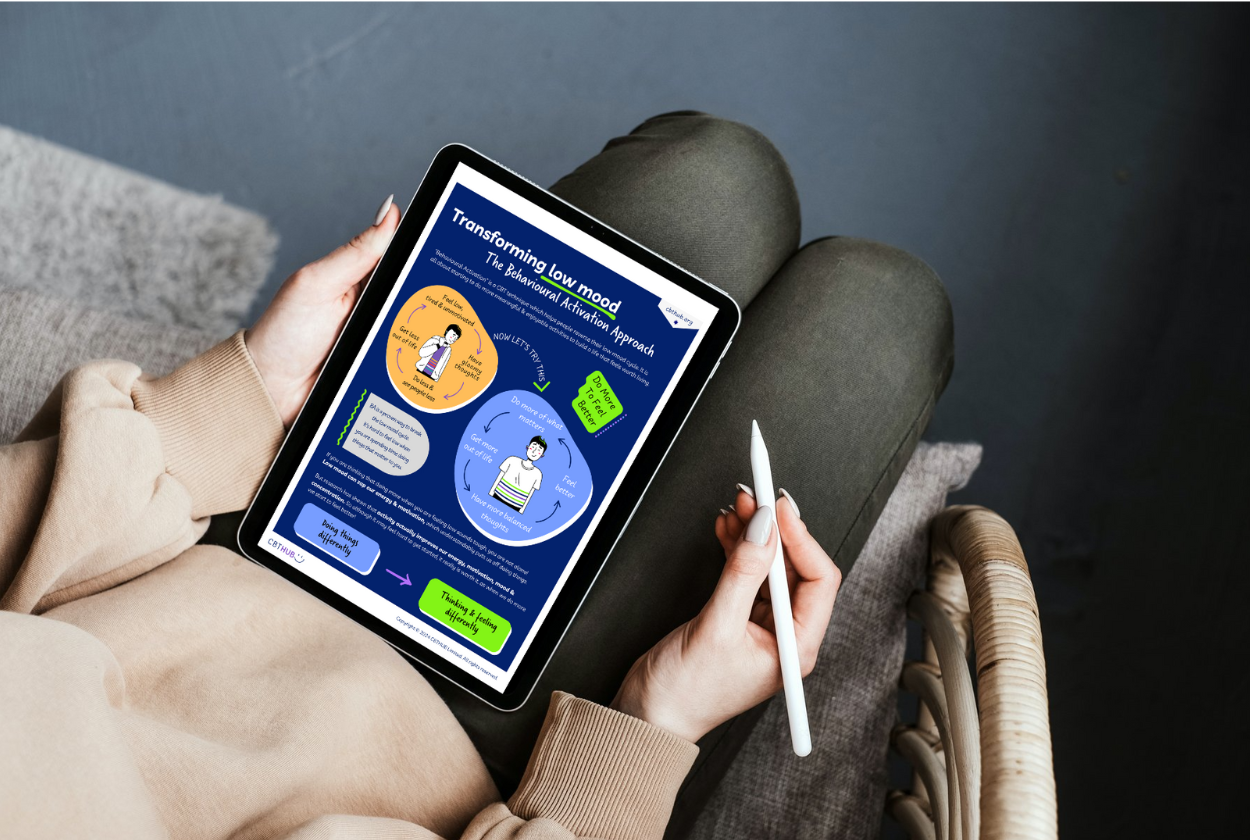 young person looking at a CBT Hub worksheet explaining behavioural activation for low mood