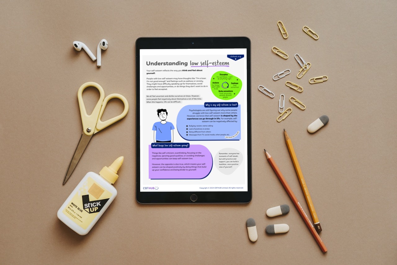 CBT worksheet for low self-esteem in young people focusing on thoughts and self-beliefs