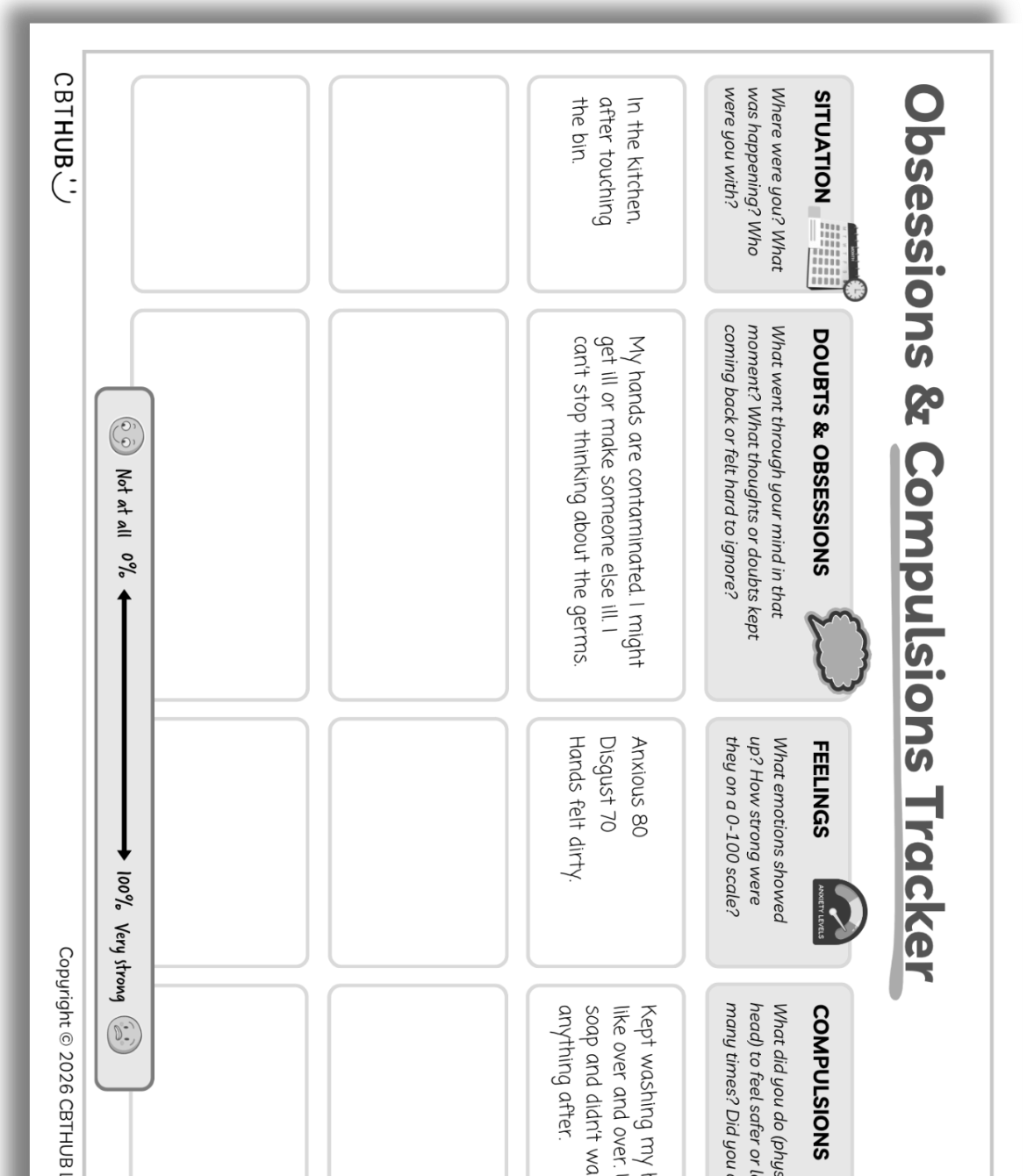 OCD diary worksheet for recording obsessions, compulsions and triggers in young people