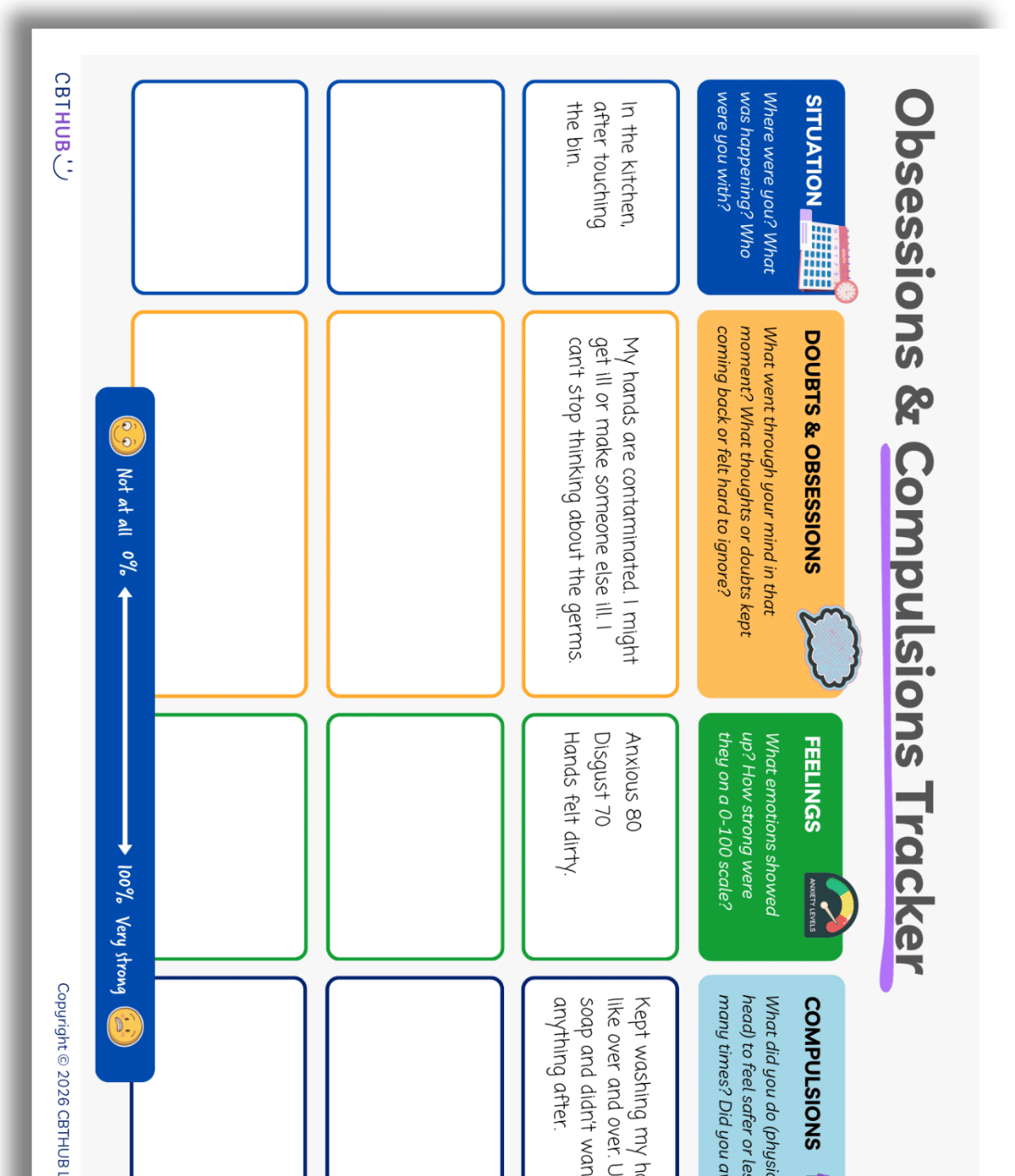 OCD diary worksheet for recording obsessions, compulsions and triggers in young people