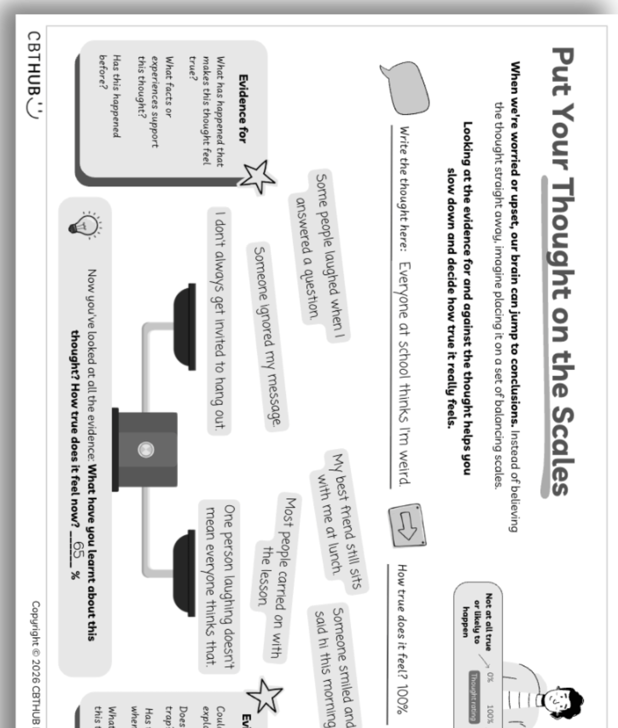 Black-and-white completed CBT example for weighing the evidence for and against an unhelpful thought